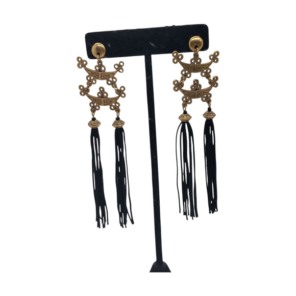 Asian Inspired Dangle Earrings Gold Tone Black Tassel Long Drop Pierced Fringe - Picture 3 of 12